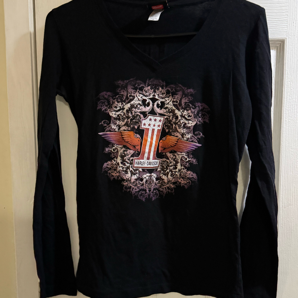 Harley-Davidson Women’s Eagle Graphic V-Neck Biker Shirt Vintage Style Size M
